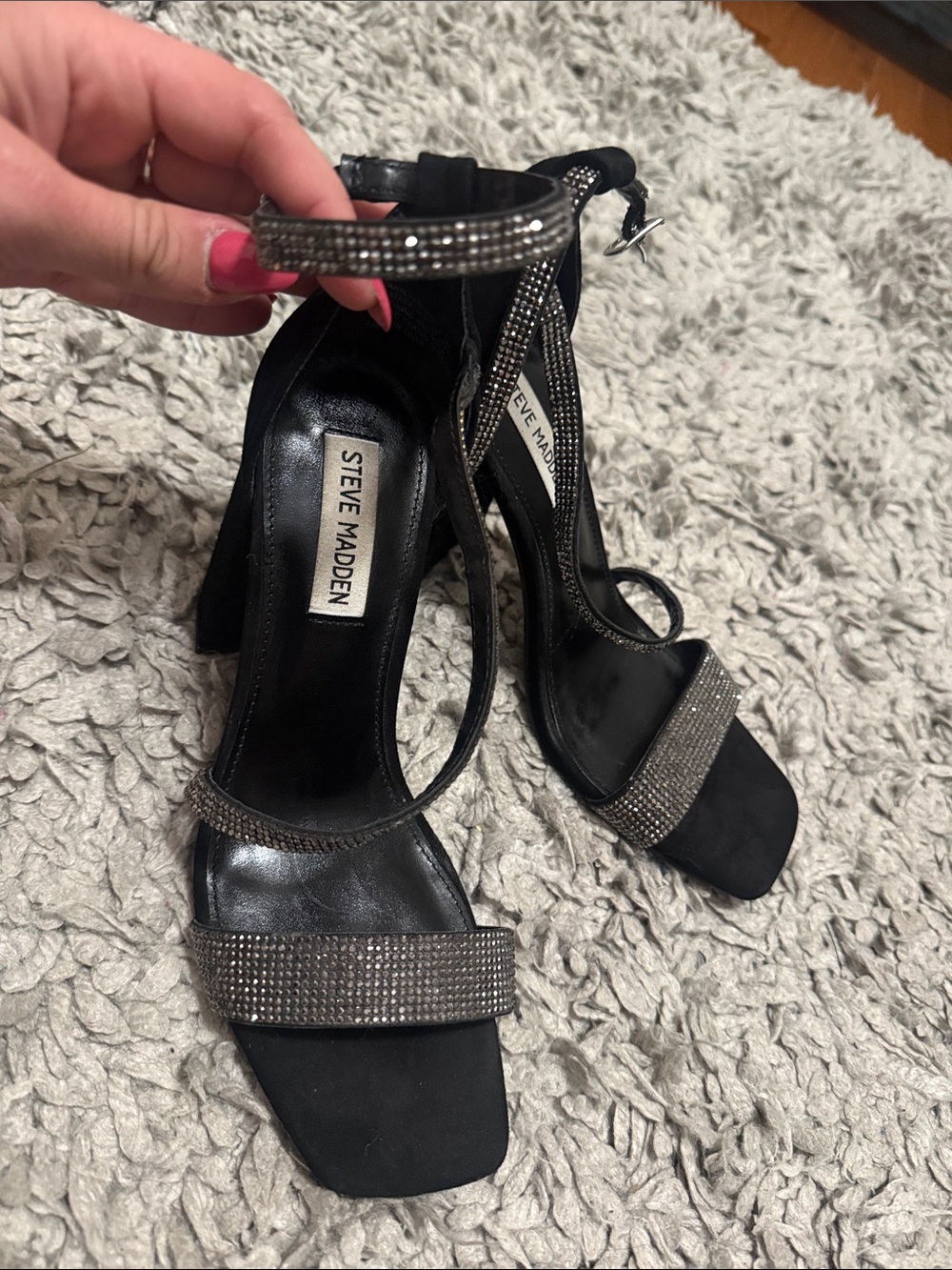 Steve Madden Black Rhinestone Strap Block Heels